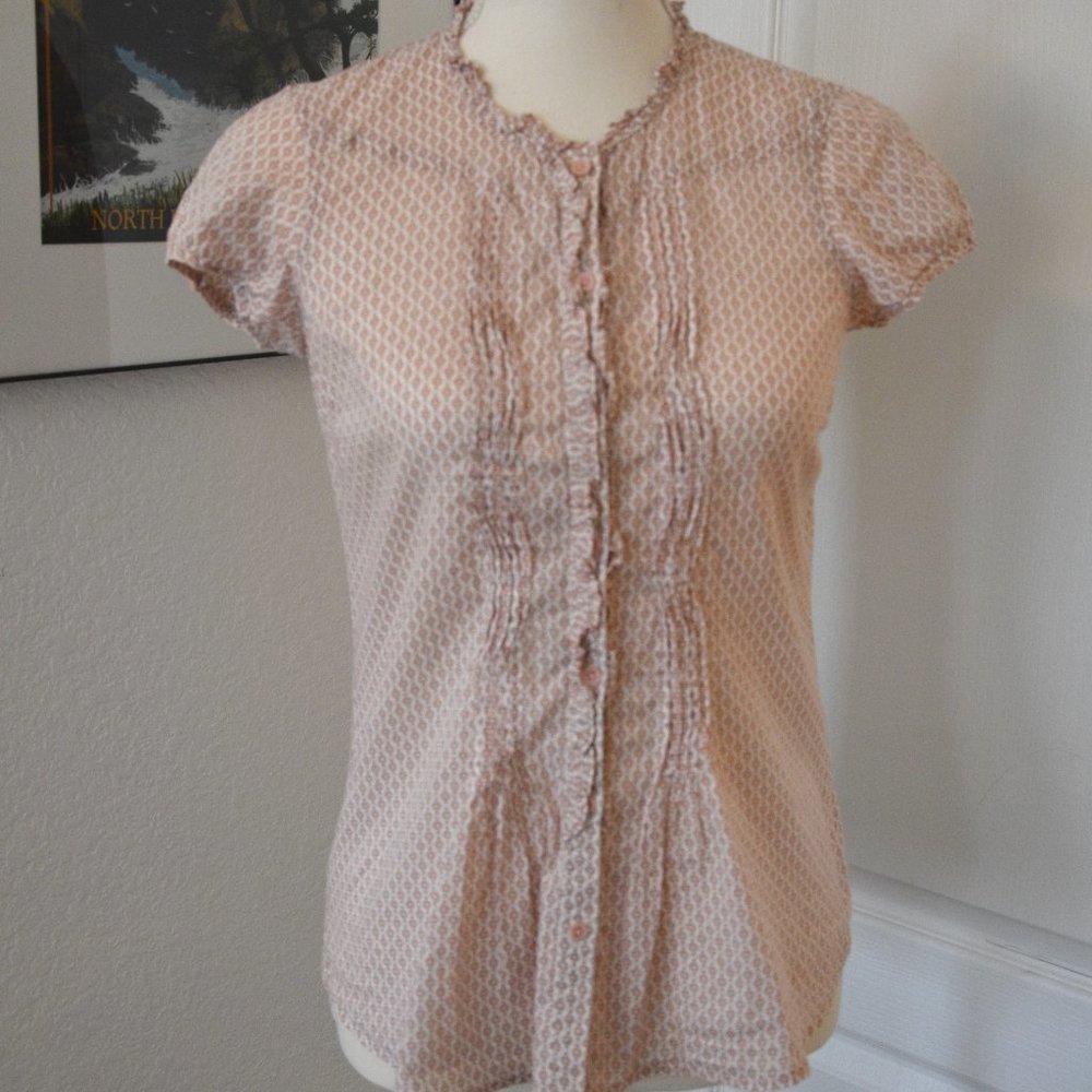Eddie Bauer Blush Pink White Sheer Blouse with Pleats, Ruffles and Buttons